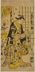 Aktor Segawa Kikujiro I jako Oshichi w sztuce „Shochikubai Kongen Soga”, wystawionej w Teatrze Ichimura w trzecim miesiącu 1732