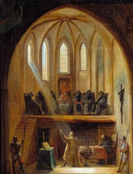 Szczegół „”Galilea (1564-1642) przed Trybunałem Inkwizycji”” Włoski astronom Galileo Galilei został potępiony w 1633 roku za swoją pracę w obronie heliocentrycznej teorii modelu wszechświata Kopernika. Obraz Josepha Cleriana (1796-1842
