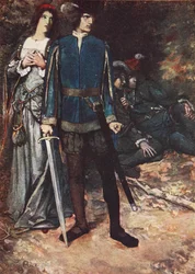 „Ośmielam się tchnąć na moją miłość”, Dwóch dżentelmenów z Werony, akt V, scena 4, ilustracja z „Opowieści Szekspira” Charlesa i Mary Lamb
