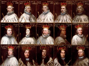 Herb Republiki Genowej i portrety Dożów. Antoniotto Invrea, Stefano de Mari, Cesare Durazzo, Cesare Gentile, Francesco Garbarino, Alessandro Grimaldi, Agostino Saluzzo, Antonio Da Passano, Odon Giannettino, Agostino Spinola, Luca M