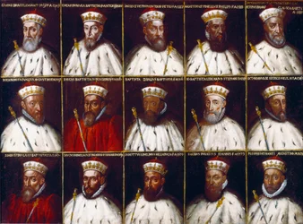 Herb Republiki Genowej i portrety Dożów. Gaspare Grimaldi Bracelli, Luca Spinola, Giacomo Promontorio, Agostino Pinello Ardimenti, Pietro Giovanni Chiavica, Girolamo Vivaldi, Paolo Battista Giudice, Battista Cicala Zoaglio, Giovan