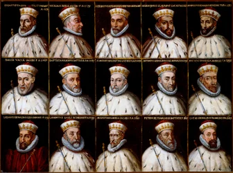 Herb Republiki Genowej i portrety Dożów. Gio Battista Gentile Pignolo, Nicolò Doria, Gerolamo De Franchi Toso, Gerolamo Chiavari, Ambrogio Di Negro, Davide Vacca (lub Vaccari), Battista Negrone, Gio Giustiniani Campi, Antonio Grimal