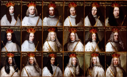 Herb Republiki Genowej i portrety Dożów. Giovanni Battista Cattaneo, Francesco Invrea, Negrone Bendinelli, Francesco Maria Sauli, Girolamo De Mari, Federico De Franchi, Antonio Cebà Grimaldi, Honored Stefano Ferreti, Domenico De Ma