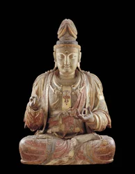 Bodhisattwa Guanyin (drewno, zaprawa, pigmenty mineralne i złoto)