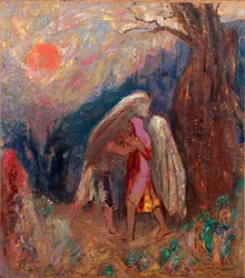 Jakub i anioł. Obraz Odilona Redona (1840-1916), olej na płótnie, ok. 1907. Sztuka francuska, XX w., symbolika. Muzeum Sztuki Nowoczesnej, Nowy Jork (USA).