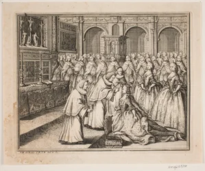 Biskup Hersleb namaszcza królową Luizę w kościele zamkowym we Frederiksborgu. Ilustracja do aktu namaszczenia Fryderyka IV
