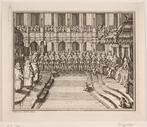 Król Fryderyk V i królowa Luiza podczas uroczystości namaszczenia w kościele zamkowym Frederiksborg. Ilustracja do aktu namaszczenia Fryderyka IV
