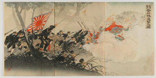Bitwa pod Jinzhou, era Meiji, 1894 (kolorowy drzeworyt)
