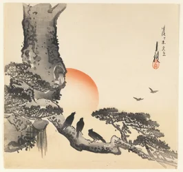 Wrony na pniu, okres Meiji, ok. 1890-1910 (kolorowy drzeworyt)