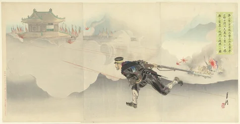 Onoguchi, de dood trotserend, om de poort van het vijandelijke fort op te blazen. (tytuł na obiekcie)