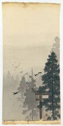 Krajobraz ze stadem ptaków i torii