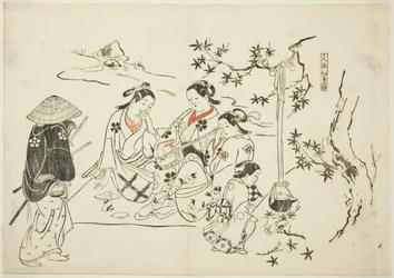 Heating Sake with Maple Leaves (Kanzake momijigari), nr 9 z serii 12 grafik przedstawiających parodie sztuk teatralnych.