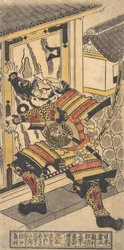 Aktor Bando Hikosaburo w roli Asahi na Saburo otwierającego zamek Doo..., ca. 1730.