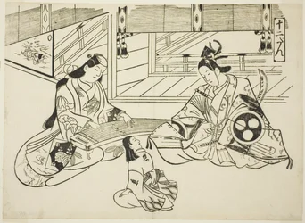 Yoshitsune (Ushiwaka) i Księżniczka Joruri, z serii „Słynne sceny z japońskich sztuk lalek (Yamato irotake)”