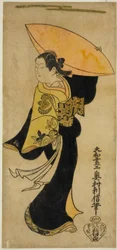 Aktor Fujimura Handayu II jako Nowake no Mae w sztuce „Tategami Teika Kazura” wystąpił w Teatrze Ichimura w jedenastym miesiącu 1719