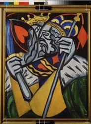 Jednoczesne przedstawienie króla kier i króla diamentów. (Równoczesna Reprezentacja Króla Kier i Króla Diamentów). Obraz Olgi Vladimirovna Rozanova (1886-1918), olej na płótnie, ok. 1915 r. Sztuka rosyjska, XX w., awangarda