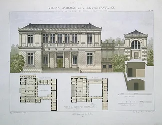 Villa Greco Romaine, sztychowana przez Waltera, tablica 49 z „Villas, Maisons de Ville et de Campagne”, wyd. Paryż (kolor lito)