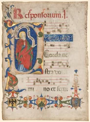 Kartka z antyfonarza: Historyczny inicjał P z prorokiem Samuelem..., c. 1439-1447.