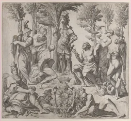 Kompozycja alegoryczna z sześcioma bogami olimpijskimi skupionymi wokół postaci w zbroi, 1615-35., 1615-35.