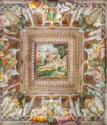 Widok na sufit Sali Adonisa i kamienie pamiątkowe członków rodziny Rossi, Gonzaga, Riario i Medici, Rocca dei Rossi, San Secondo, Parma, Włochy