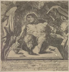 Opłakiwanie ciała Chrystusa przez trzy Marie, słój maści na stole do..., 1615.