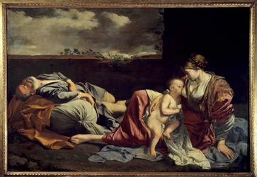 Odpoczynek Świętej Rodziny podczas ucieczki do Egiptu, obraz Orazia Gentileschiego (1562-1647), XVII wiek, słońce. 1,57 x 2,25 m. Paryż, Muzeum Luwru
