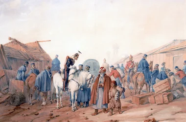 Baza zaopatrzenia armii brytyjskiej w porcie Balaclava (Balaklava) - Norie, Orlando (1832-1901) - 1854 - Akwarela na papierze - 36,3x52,6 - Kolekcja prywatna