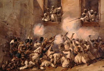 93. górale wkraczający do wyłomu podczas szturmu na Secundrabagh, Lucknow, 16 listopada 1857