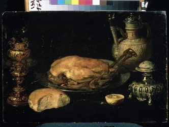 „Martwa natura z kurczaka, cytryny, chleba, sztućców i lampy oliwnej” (Martwa natura) Obraz Osiasa Beerta Starszego (1580-1624) Muzeum Sztuki Michaiła Kroszyckiego z XVII wieku, Sewastopol (Sewastopol) Ukraina