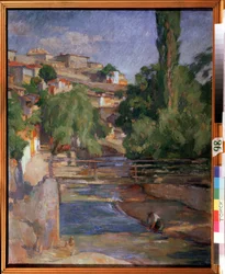 „Pejzaż z mostem i rzeką” Obraz Osipa Emmanuilovicha Braza (1872-1936) 1912 Państwowe Muzeum Sztuki, Tomsk