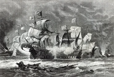 The Vanguard, pod dowództwem Sir Williama Wintera, walczący z hiszpańską Armadą, z „Godziny wypoczynku”, 1888 r.