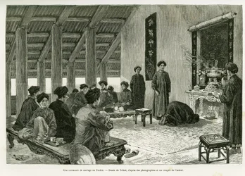 Ceremonia ślubna w Tonkin. Grawerowanie autorstwa Tofaniego, aby zilustrować historię Trente mois au Tonkin, w 1884 r., autorstwa dr Paula Hocquarda, in le tour du monde 1890, pod kierunkiem Edouarda Chartona (1807-1890), Hachette, Paryż.