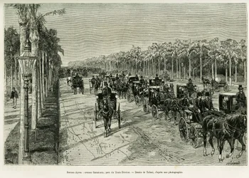 Buenos Aires, Aleja Sarmiento, Park Trzech Lut. Grawerowanie Tofaniego, aby zilustrować opowiadanie Voyage a la Plata, w 1886, autorstwa Emile Daireaux, in le tour du monde 1888, w reżyserii Edouarda Chartona (1807-1890), Hachette, Paryż.