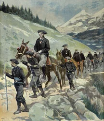 Felix Faure z myśliwymi alpejskimi podczas wyprawy w Alpy w 1897 r. (rycina)