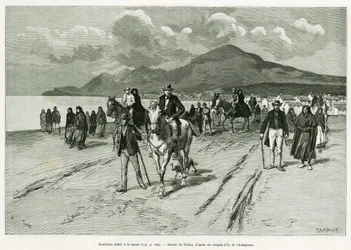 Wyspiarze udają się na mszę. Grawerowanie Tofaniego, aby zilustrować historię Trois mois en Irlande, w 1889, Marie anne de Bovet, in le tour du monde 1890, reżyseria Edouard Charton (1807-1890), Hachette, Paryż.