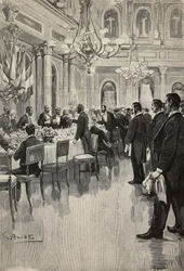 Włoscy dyplomaci wspólnie wznoszący toast, Paryż, Francja, rycina z rysunku Gennaro Amato, ze szkicu Osvaldo Tofaniego, z L