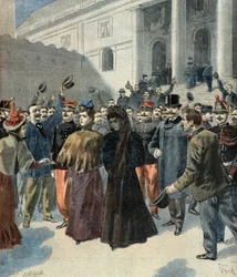 Wdowa po pułkowniku Hubercie Henrym opuszcza budynek sądu (afera Dreyfusa)