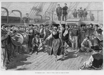 Emigranci na pokładzie. Grawer autorstwa Tofaniego dla zilustrowania opowiadania Emile Blairaux, podróż po placie, trzy miesiące wakacji w 1886, w tour du monde 1887, pod kierunkiem Edouarda Chartona (1807-1890), Hachette, Paryż.