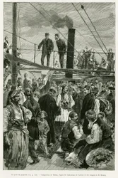 Pokład statku. Grawerowanie Tofaniego dla zilustrowania opowiadania Podróż do Tesalii w 1882 r. autorstwa Paula Monceaux, in le tour du monde 1887, w reżyserii Edouarda Chartona (1807-1890), Hachette, Paryż.
