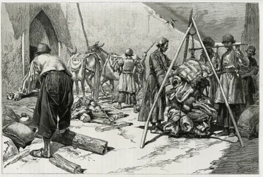 Ważenie bagażu przed odlotem Delafoy Bridal Expedition. Grawer autorstwa Tofaniego, ilustrujący historię „Persja, Chaldee i Susiane””