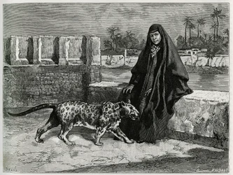 Torkan Khanoum, faworyta szejka Mosesa, potężnego przywódcy plemiennego Arabistanu, ze swoją panterą. Rycina Tofaniego ilustrująca opowieść „Persja, Chaldea i Suzjana”