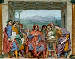 Laurent de Medici (1449-1492) (Laurent Wspaniały: Lorenzo il Magnifico) siedzący wśród florenckich artystów Podziwia głowę fauny Michała Anioła (Michelangelo, Michel Ange). Fresk Ottavio Vanniniego (1585-1643). 1635 około Sala