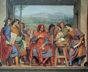 Laurent de Medici (1449-1492) (Laurent Wspaniały: Lorenzo il Magnifico) siedzący pośrodku artystów, fresk Ottavio Vanniniego (1585-1643) - Museo degli argenti, Florencja