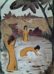 Trzy kąpiące się osoby w stawie. Około 1912