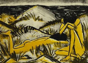 Wydmy: jedna siedząca i leżąca dziewczyna