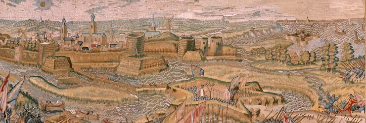 Flamandzki gobelin. Seria Triumfy i bitwy arcyksięcia Alberta. Atak i zdobycie obwarowanego pola bitwy pod Hulst (Asalto y toma del campo atrincherado de Hulst). Szósty gobelin w serii. Model Otto van Veen i Hans I Snellinck. Producent