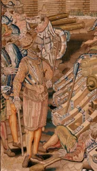 Flamandzki gobelin. Seria Triumfy i bitwy arcyksięcia Alberta. Napaść na miasto Calais (Asalto de la plaza de Calais). Drugi gobelin w serii. Model Otto van Veen i Hans I Snellinck. Manufaktura Martin Reynbouts, Bruksela