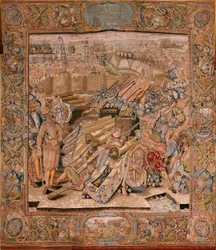 Flamandzki gobelin. Seria Triumfy i bitwy arcyksięcia Alberta. Napaść na miasto Calais (Asalto de la plaza de Calais). Drugi gobelin w serii. Model Otto van Veen i Hans I Snellinck. Manufaktura Martin Reynbouts, Bruksela