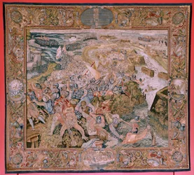 Flamandzki gobelin. Seria Triumfy i bitwy arcyksięcia Alberta. Bitwa w okopach Hulst (Combate en las trincheras de Hulst). Piąty gobelin z serii. Model Otto van Veen i Hans I Snellinck. Produkcja Martin Reynbouts, Bruselas. 1597-159