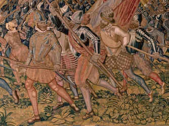 Flamandzki gobelin. Seria Triumfy i bitwy arcyksięcia Alberta. Nocny szturm na Ardres lub Zdobycie dolnego miasta Ardres (Asalto nocturno de Ardrés o Toma de la baja villa de Ardrés). Trzeci gobelin w serii. Model Otto van Veen i Hans I Snell